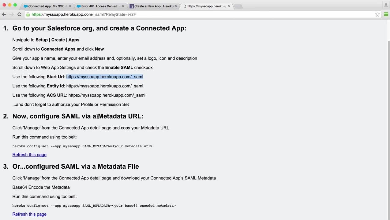 Heroku app SAML setup instructions showing the command to set SAML_METADATA using a metadata URL