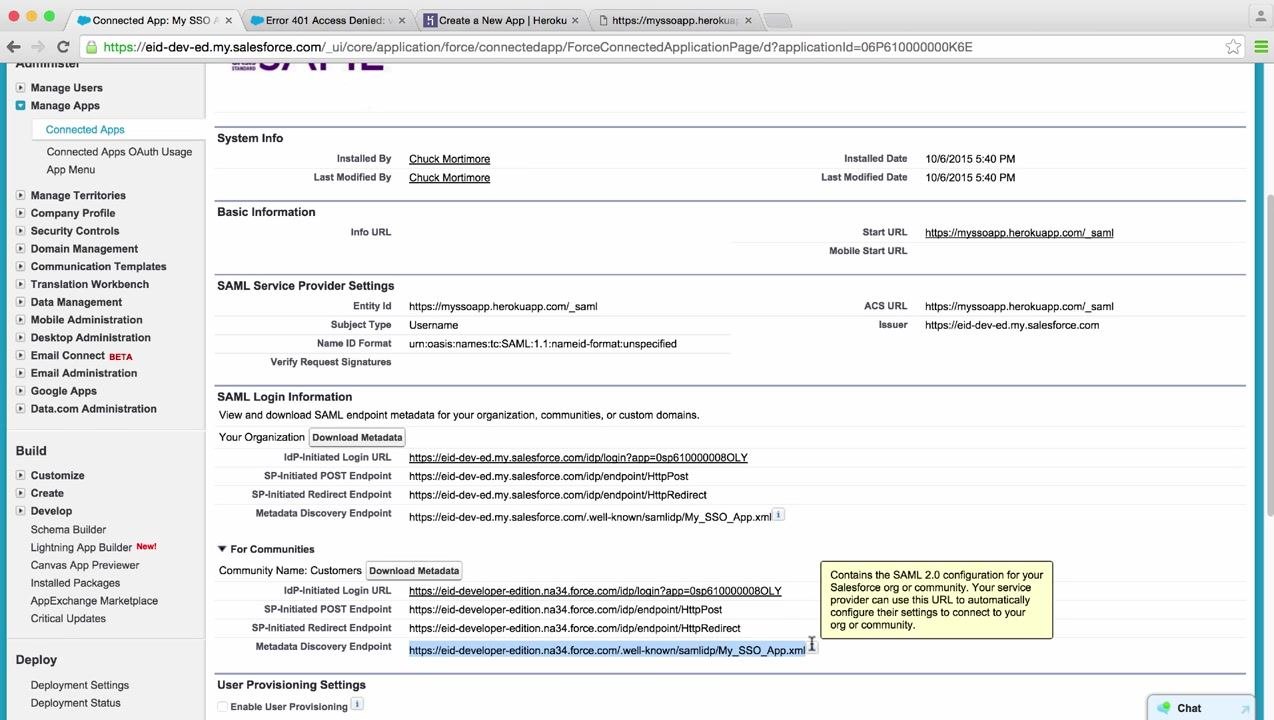 Salesforce connected app detail page showing SAML Login Information and Metadata Discovery Endpoints for the organization and community