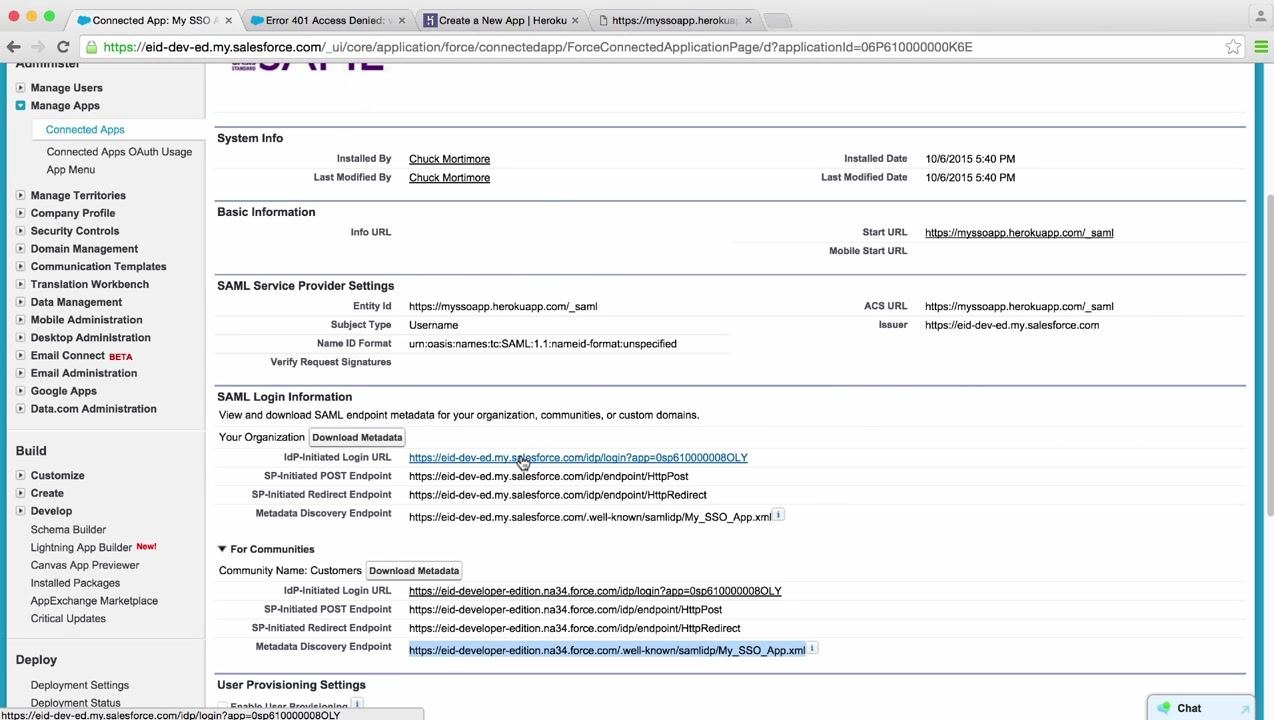 Salesforce connected app detail page with the cursor clicking the New button in the Custom Attributes section