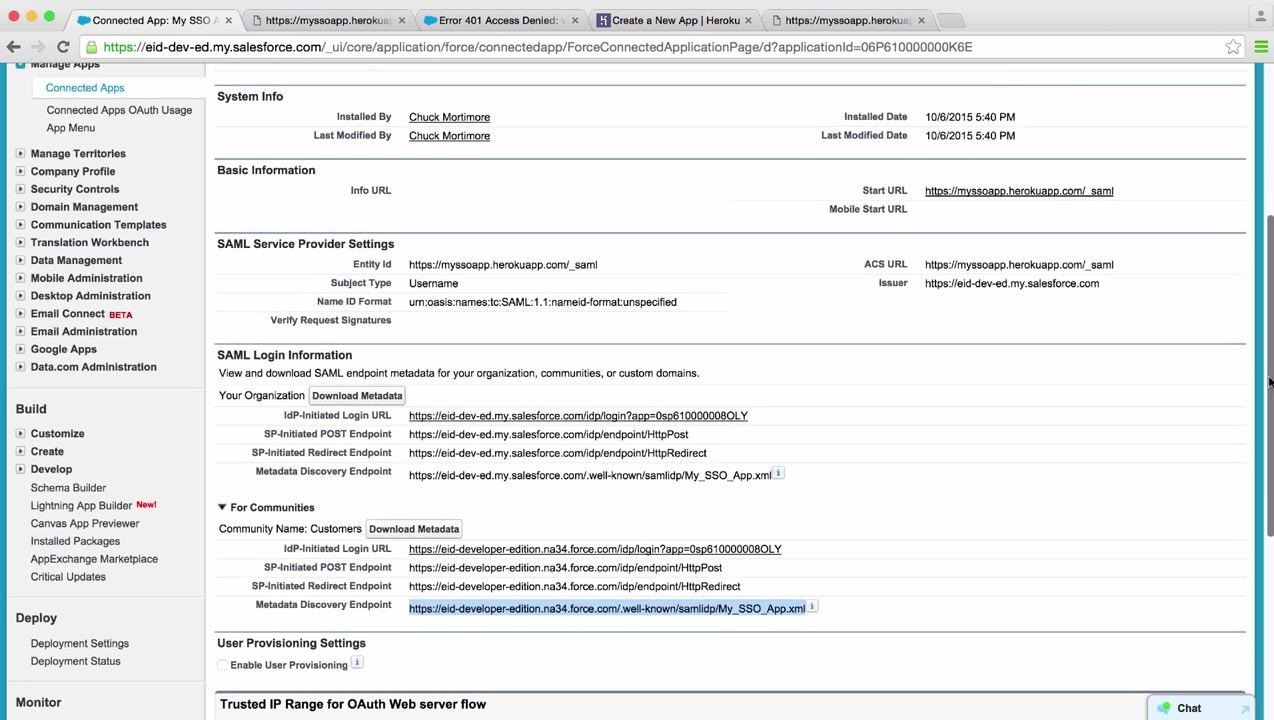 Salesforce Create Custom Attribute screen with the Attribute key 'Profile' and Attribute value '$Profile.Name'
