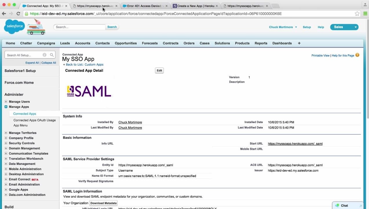 Heroku app screen showing admin@external.id logged in, with Profile 'System Administrator' and user details displayed