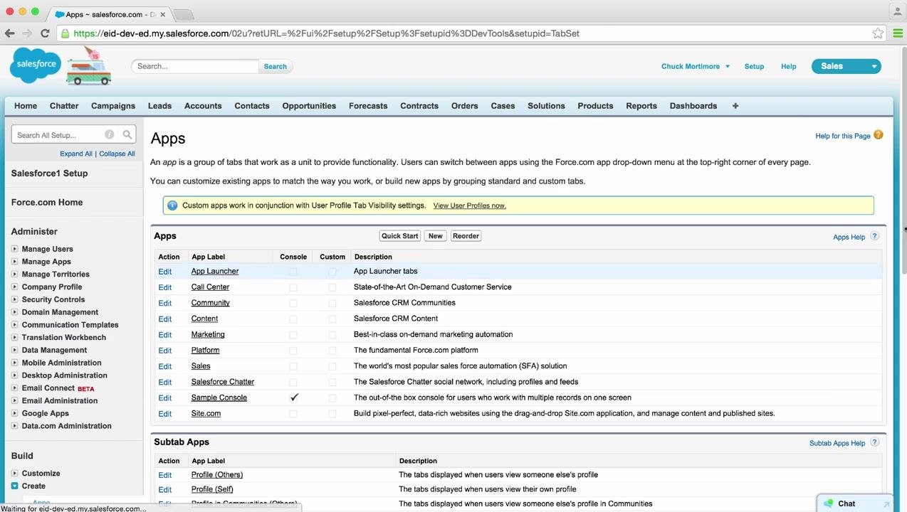 Salesforce Setup page with the navigation sidebar and app management options
