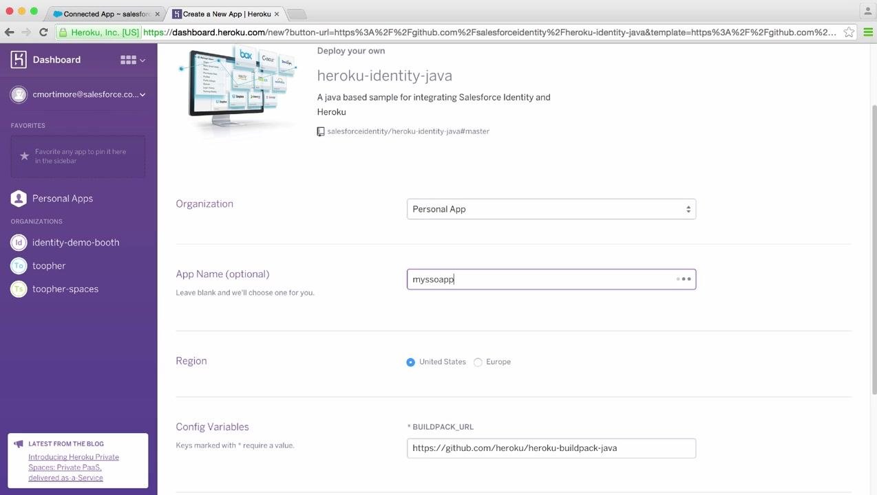 Heroku deployment configuration screen with the app name 'myssoapp' and buildpack URL set