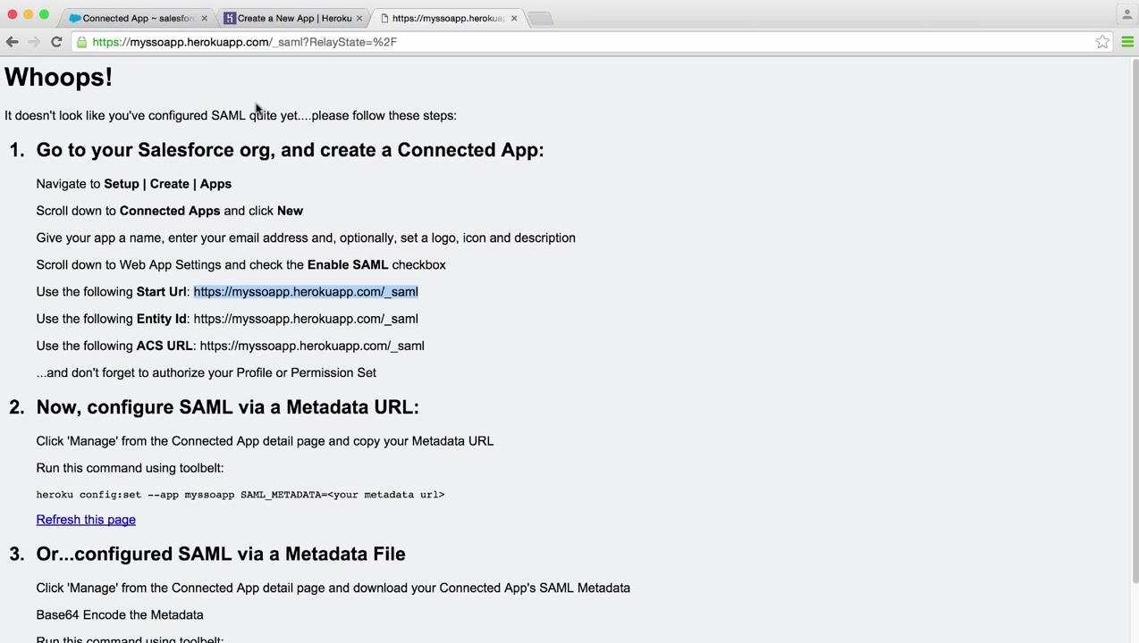 Sample app SAML setup instructions with the Start URL highlighted