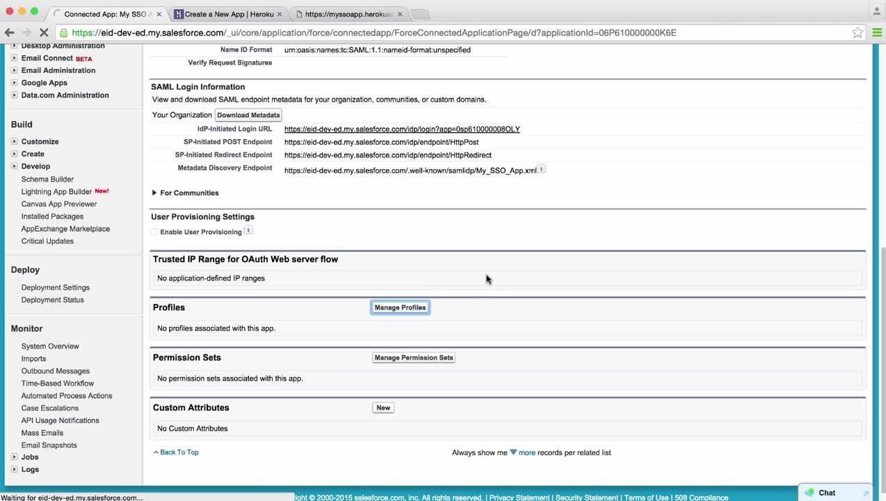 Salesforce connected app detail page showing the Manage Profiles and Permission Sets options