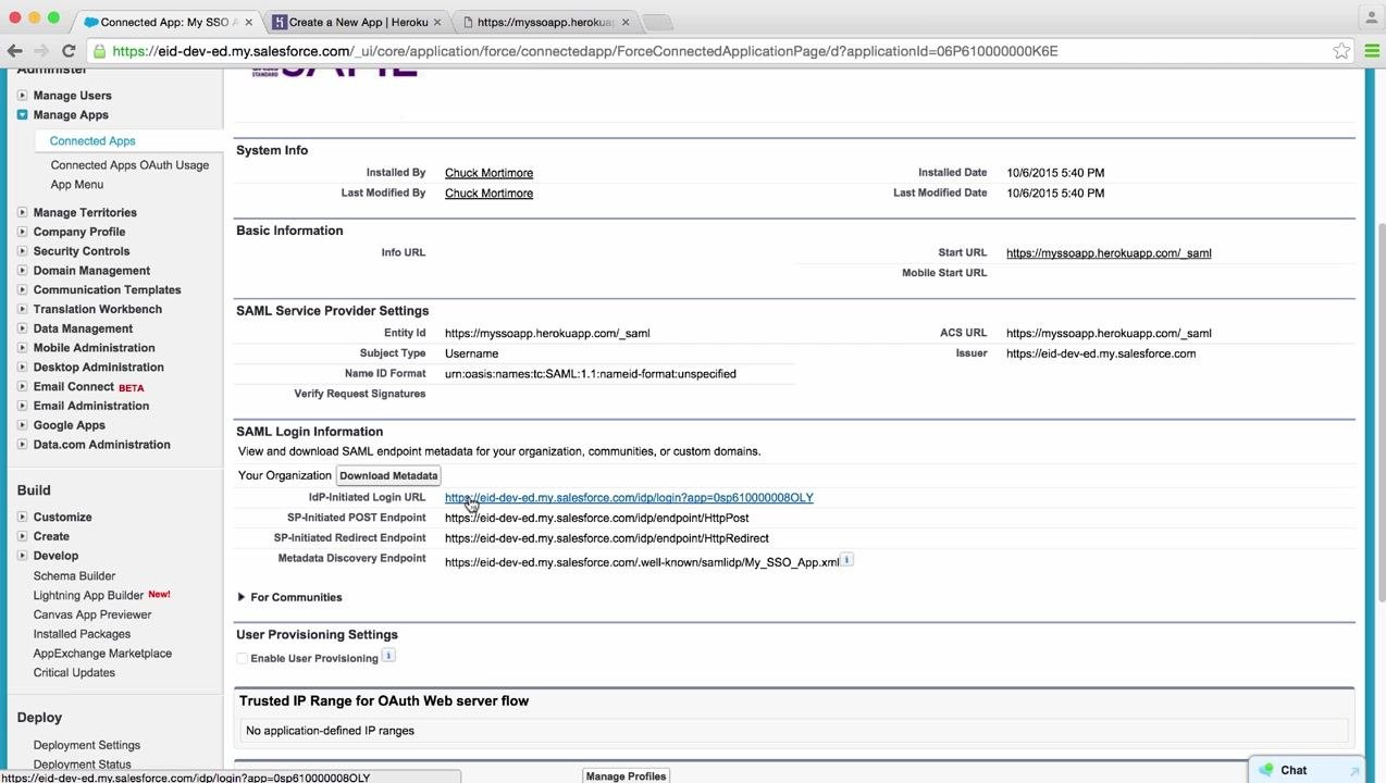 Salesforce connected app detail page showing SAML Service Provider Settings and SAML Login Information