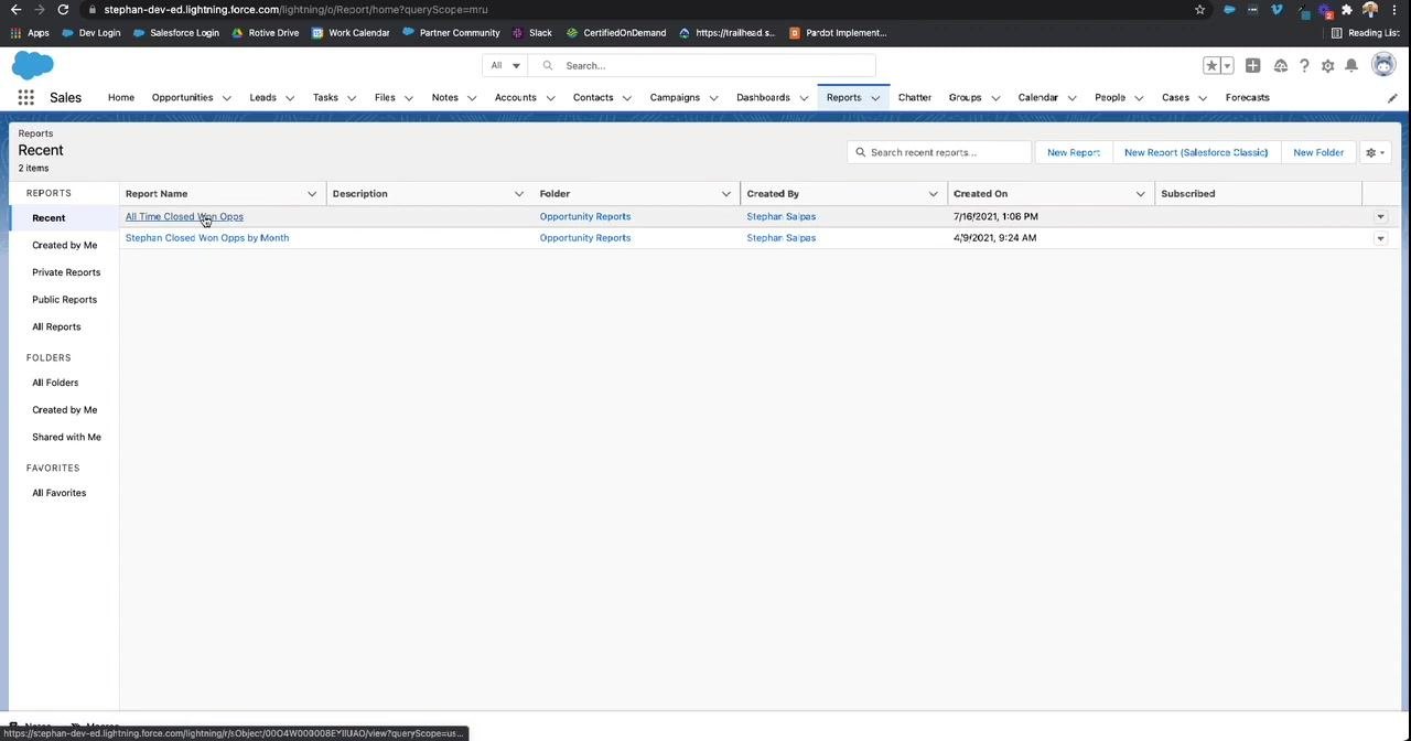 Salesforce Reports tab listing two reports, "All Time Closed Won Opps" and "Stephan Closed Won Opps by Month," inside the "Opportunity Reports" folder.