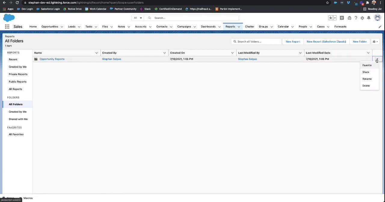 Salesforce Reports section with "All Folders" selected in the sidebar, displaying the "Opportunity Reports" folder.