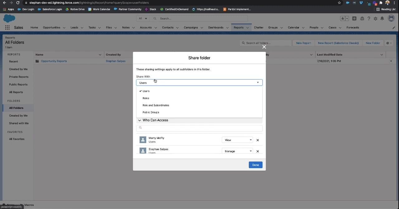 Share folder dialog with the "Share With" dropdown open, showing the options Users, Roles, Role and Subordinates, and Public Groups.