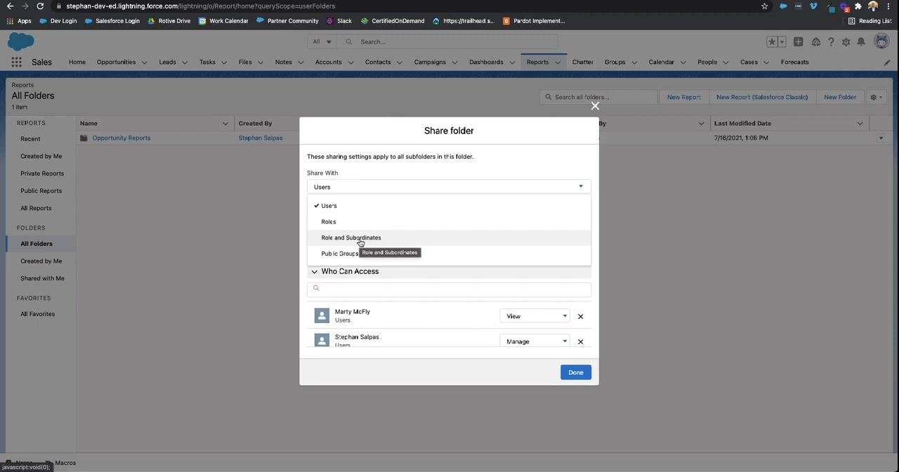 Share folder dialog with the "Share With" dropdown open, highlighting the "Role and Subordinates" and "Public Groups" options.