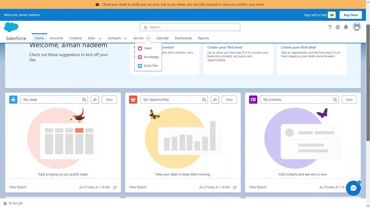 Salesforce homepage with navigation bar, welcome message, quick-start suggestions, and dashboard widgets for leads, opportunities, and contacts