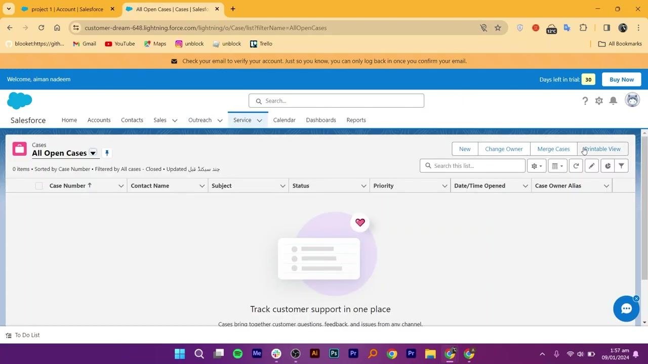Salesforce New Case form with fields for status, origin, priority, owner, contact, account, subject, and description