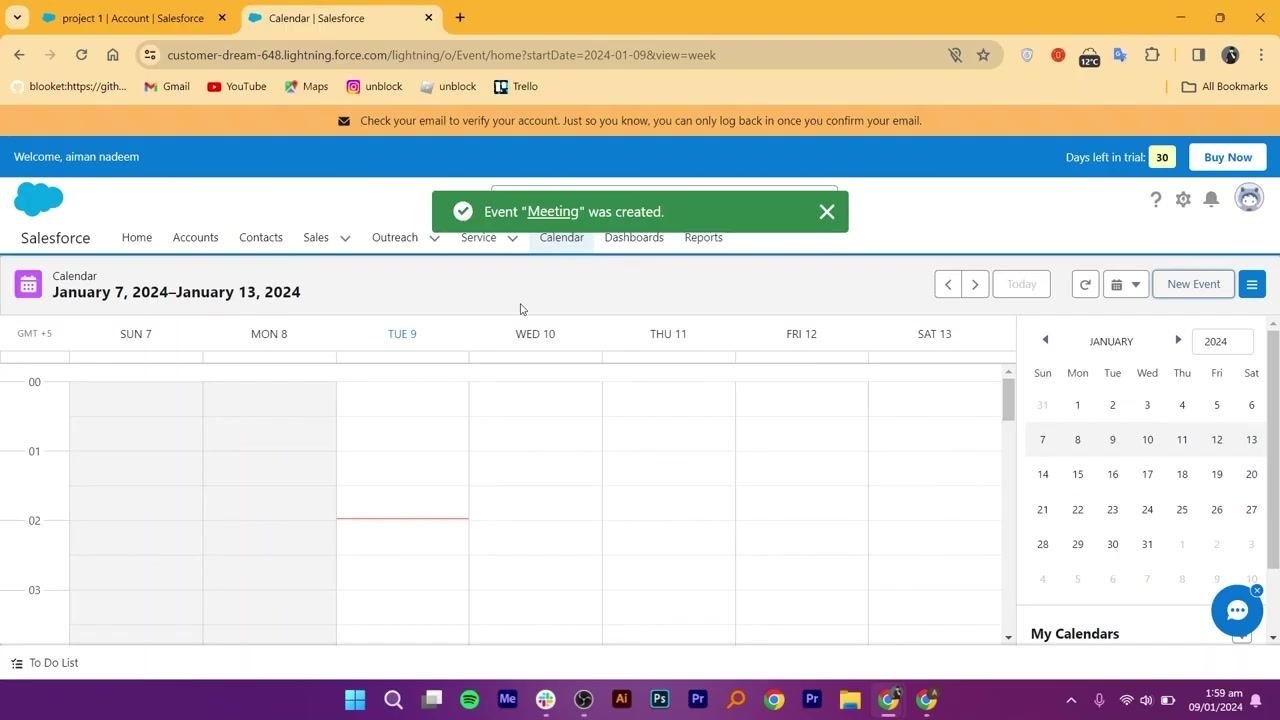 Salesforce Calendar view with notification confirming the meeting event was created, and weekly schedule displayed