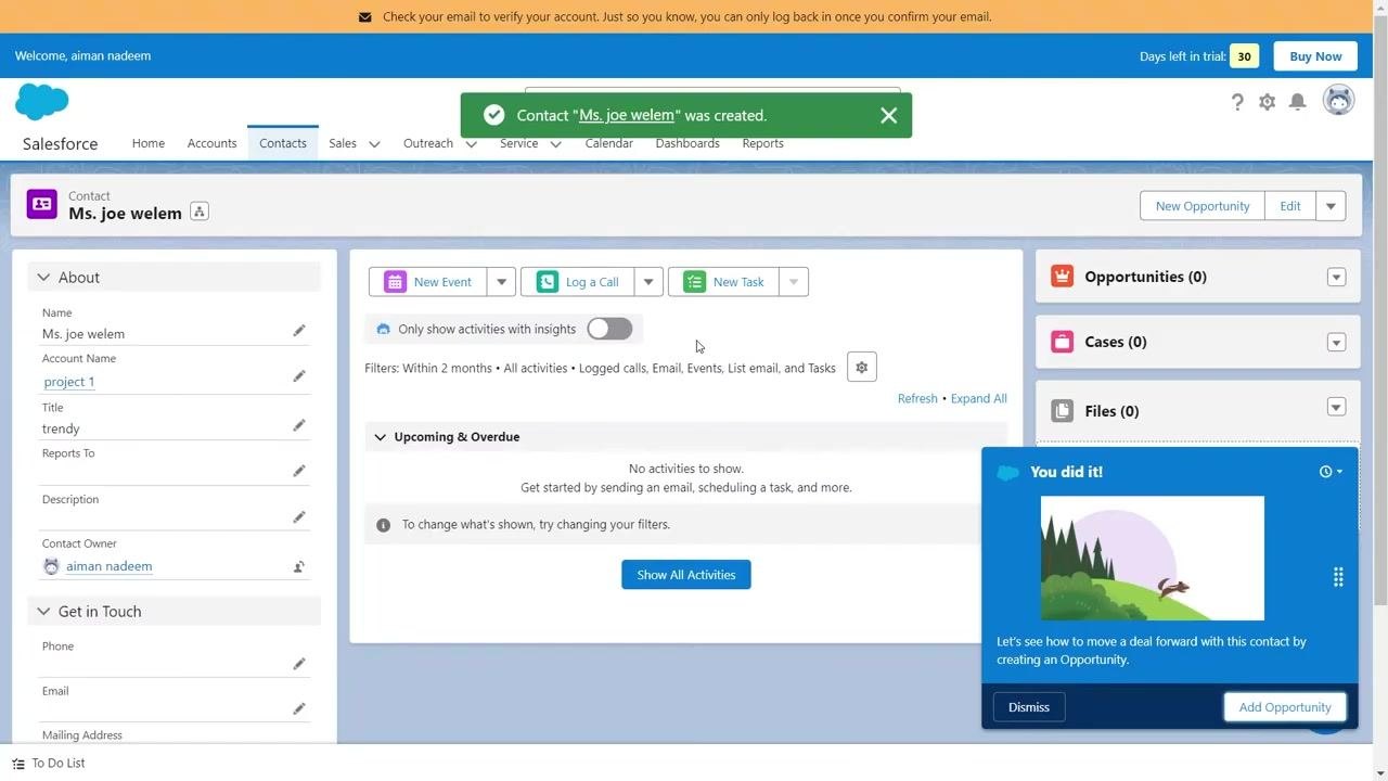 Contact details page showing contact information, activity options, and file upload section