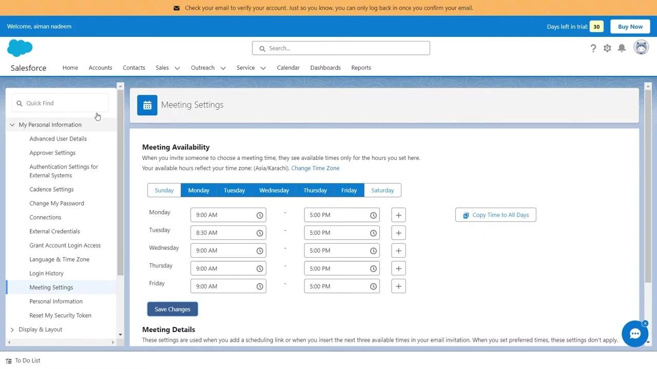 Salesforce Contacts page with Add a Contact button and empty contact list