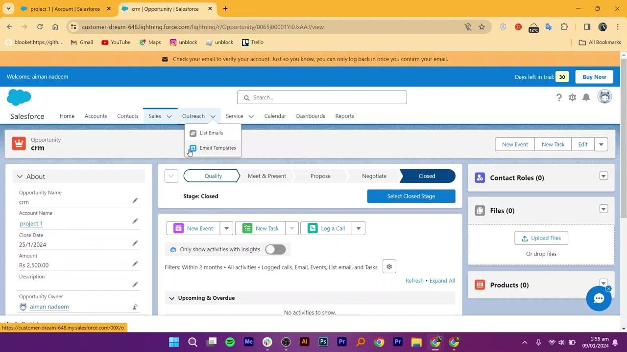 Salesforce Email Template details page with Related tab and file upload section