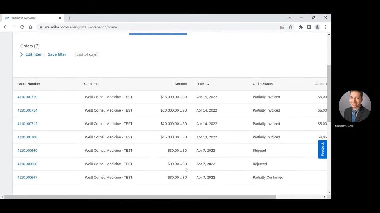 Workbench tab selected, showing 7 orders, 0 new orders, 0 changed orders, 0 rejected invoices, 0 credit memos, and a list of orders for Weill Cornell Medicine – TEST