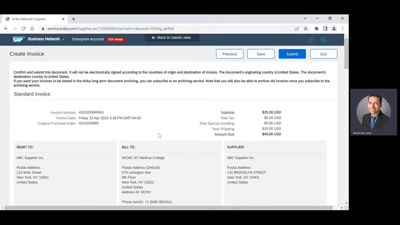 Invoice review page showing summary details, totals, and address information