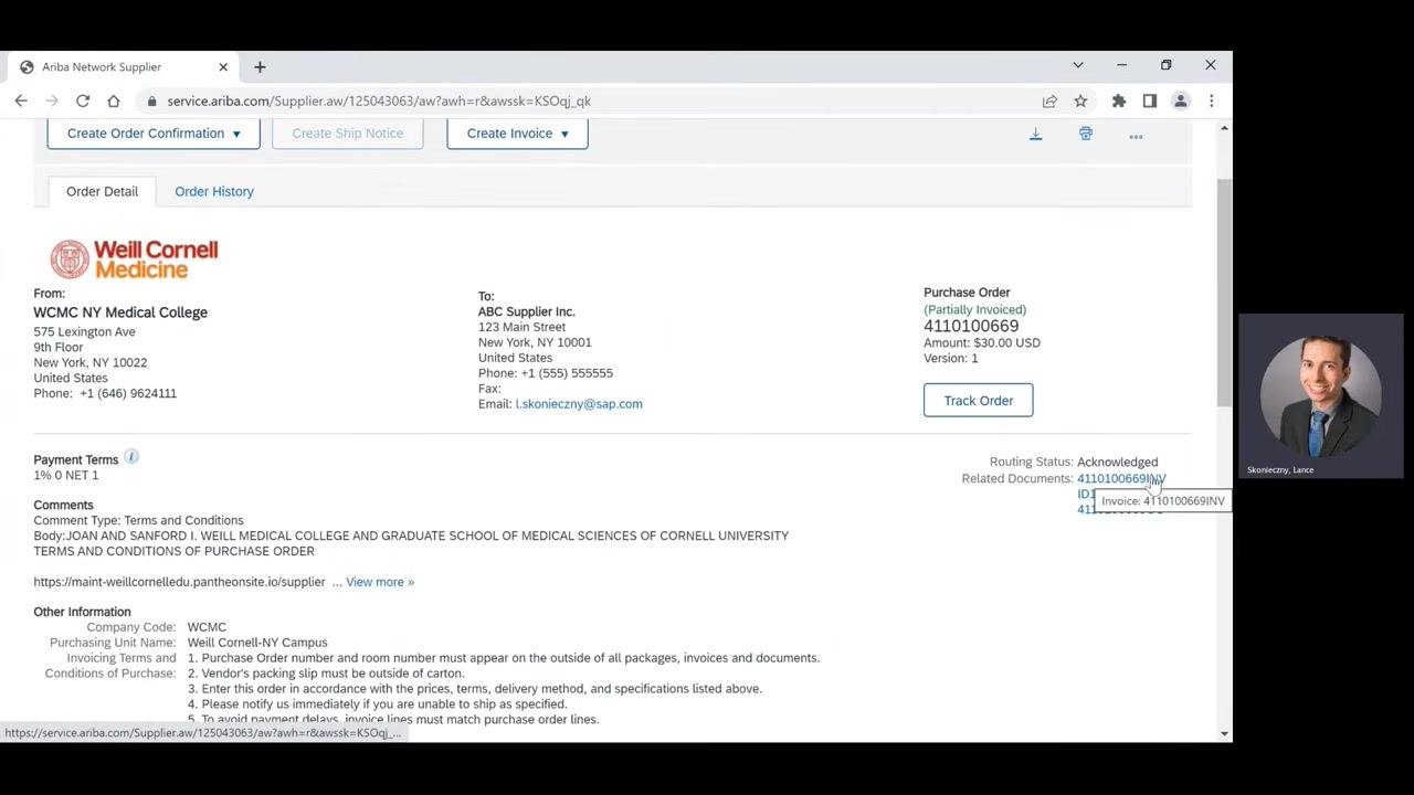 Purchase Order Details page showing the Related Documents section with the new invoice listed