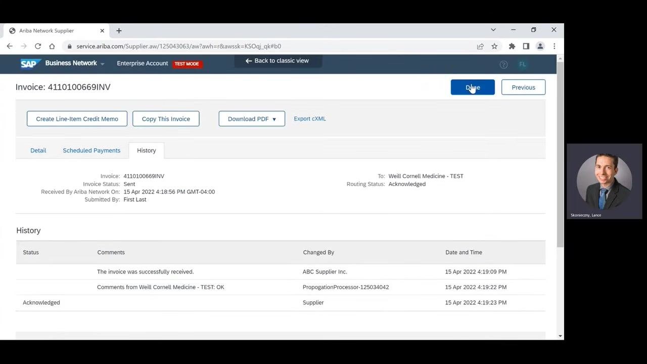 Invoice page with the Done button highlighted, showing invoice details and history