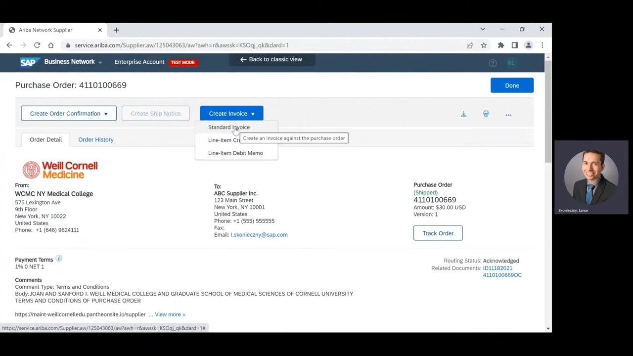 Purchase order details page with the Create Invoice dropdown open and Standard Invoice option highlighted