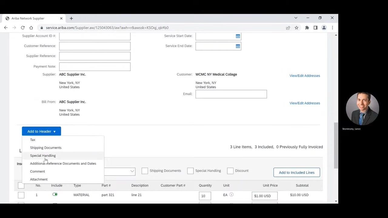 Add to Header dropdown with the Special Handling option highlighted