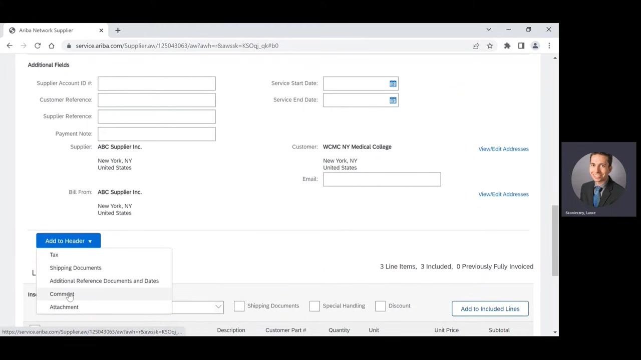 Add to Header dropdown with the Comment option highlighted