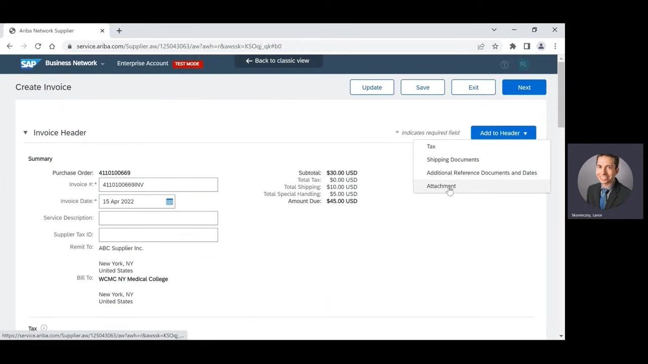 Invoice header section with the Add to Header dropdown open and the Attachment option highlighted