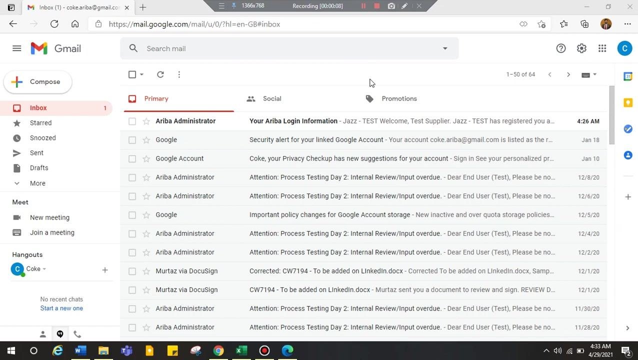 Gmail inbox showing an email from Ariba Administrator with the subject "Your Ariba Login Information" among other messages