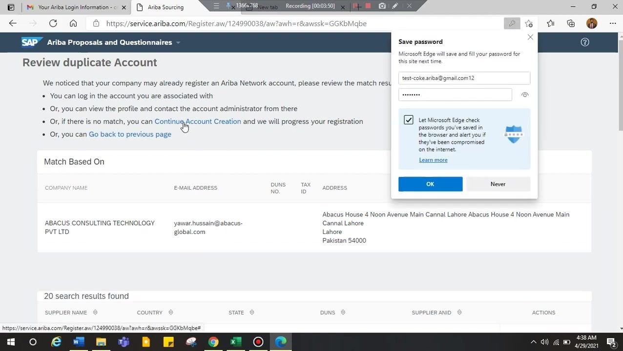 Bottom of the SAP Ariba registration form with both agreement checkboxes checked and the Submit button highlighted