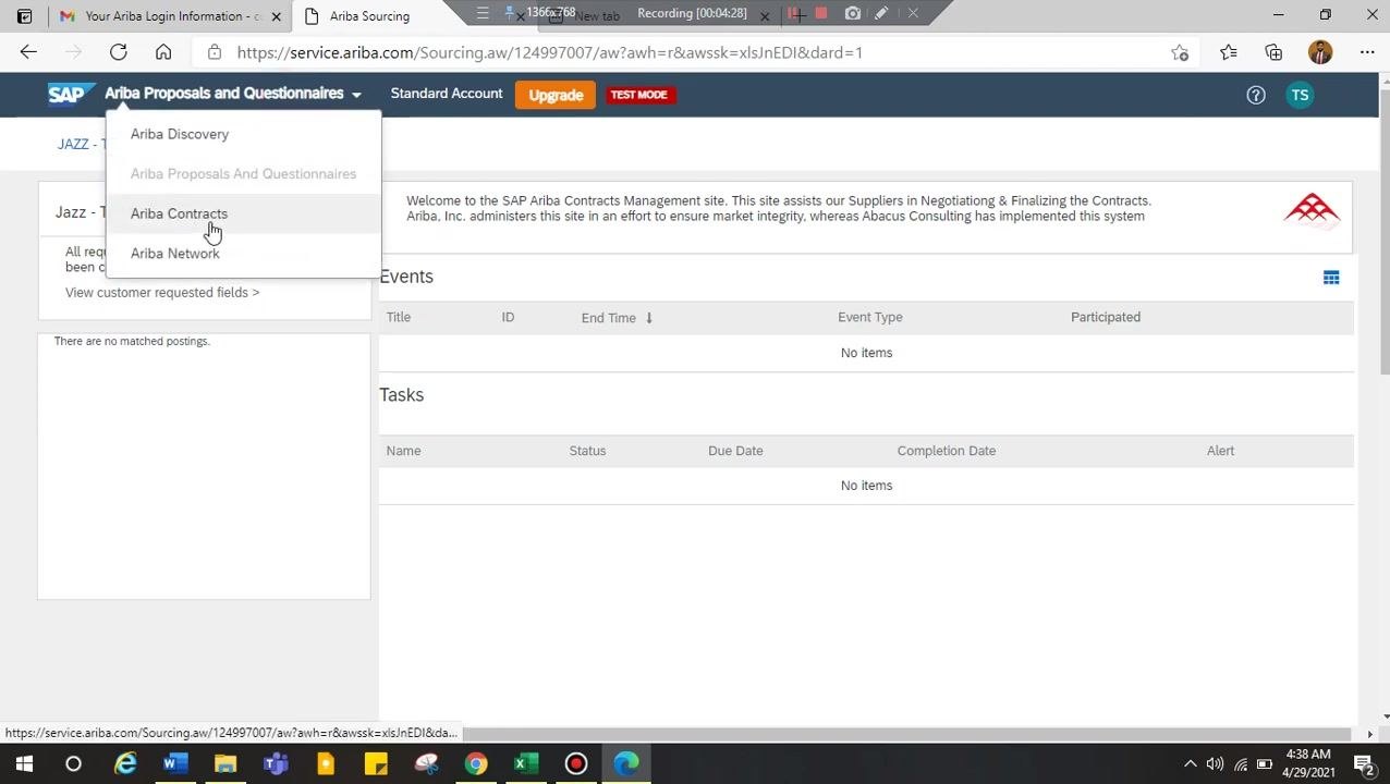 SAP Ariba dashboard with the Ariba Proposals and Questionnaires menu open and Ariba Contracts highlighted