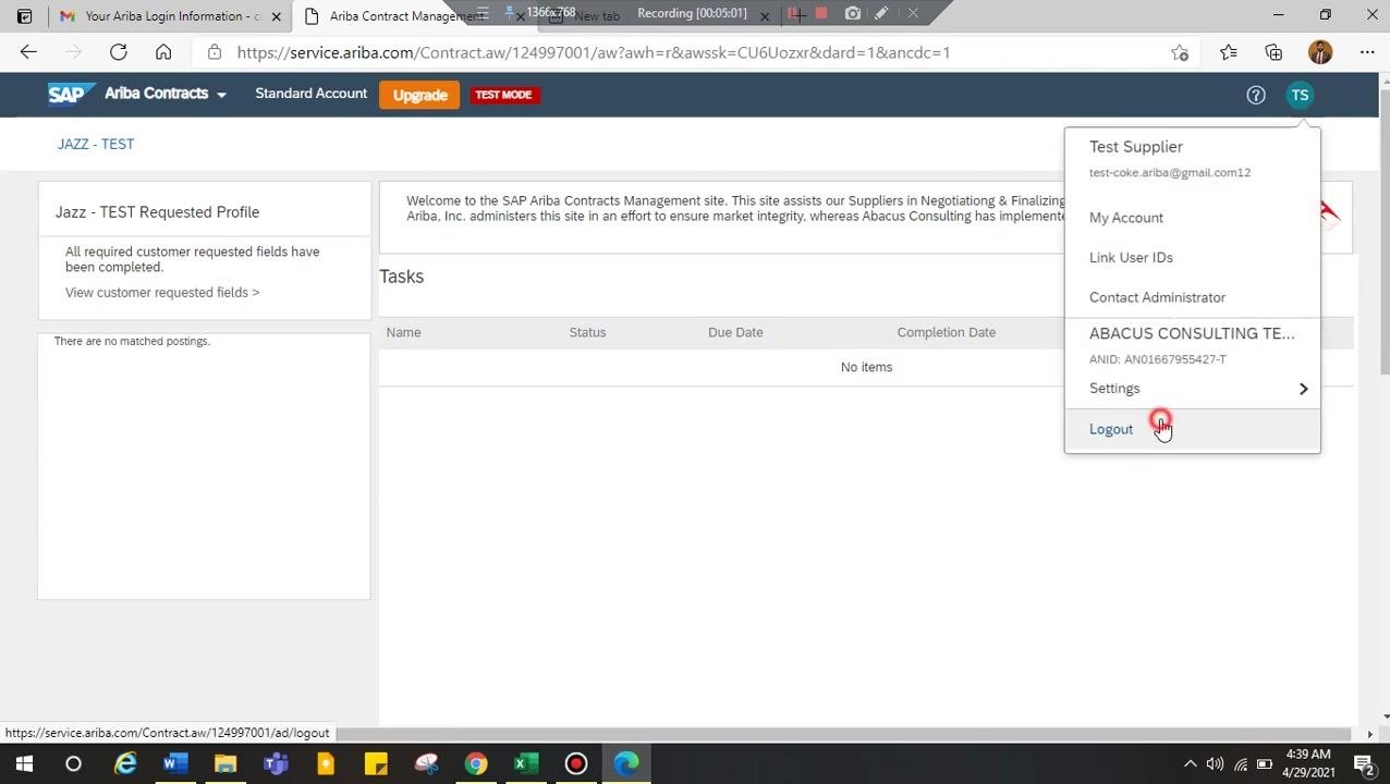 SAP Ariba dashboard with the user profile dropdown open, highlighting the Logout option as the cursor clicks it. The dashboard shows the "Jazz - TEST" profile with no matched postings and no tasks listed.