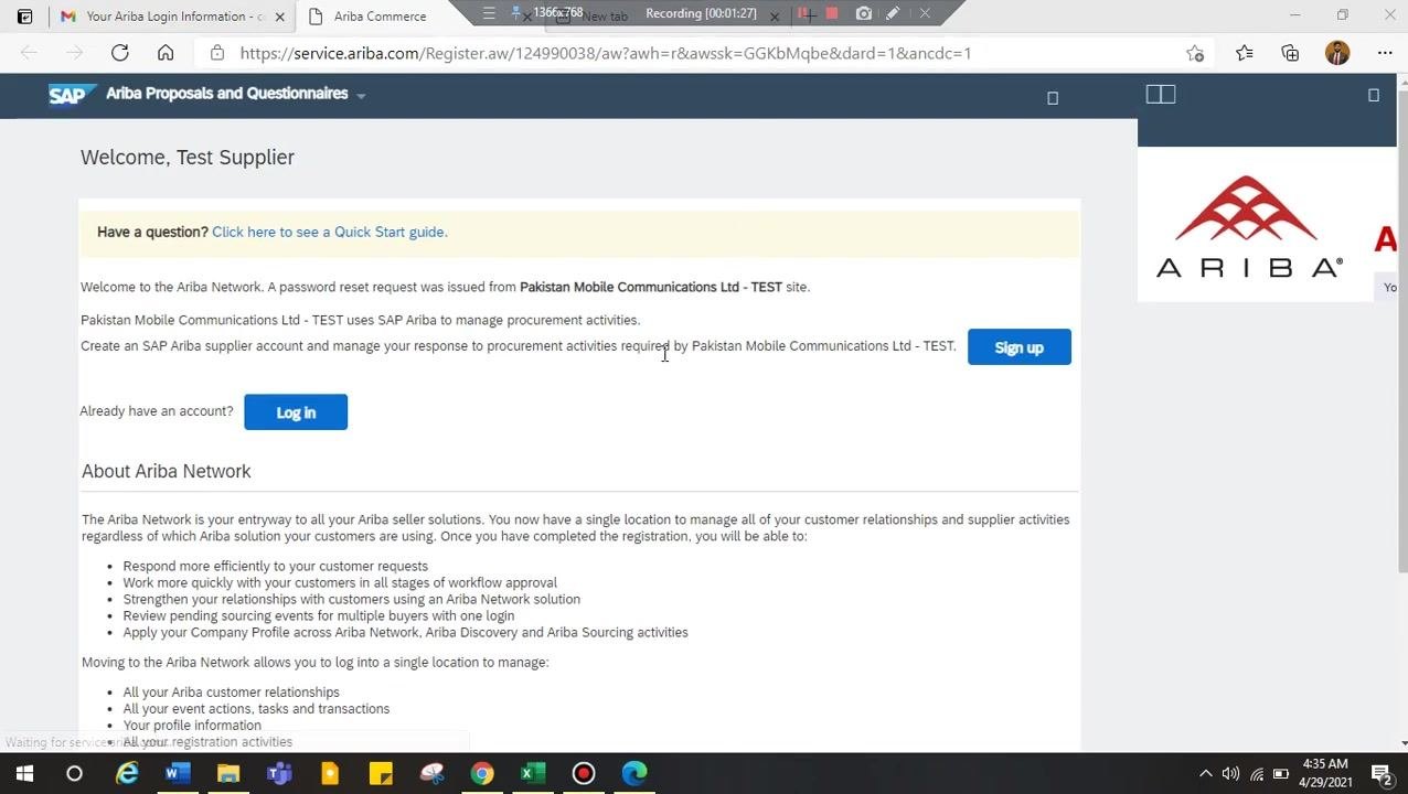 SAP Ariba registration page showing a welcome message, buyer name, Log in and Sign up buttons, and information about the Ariba Network