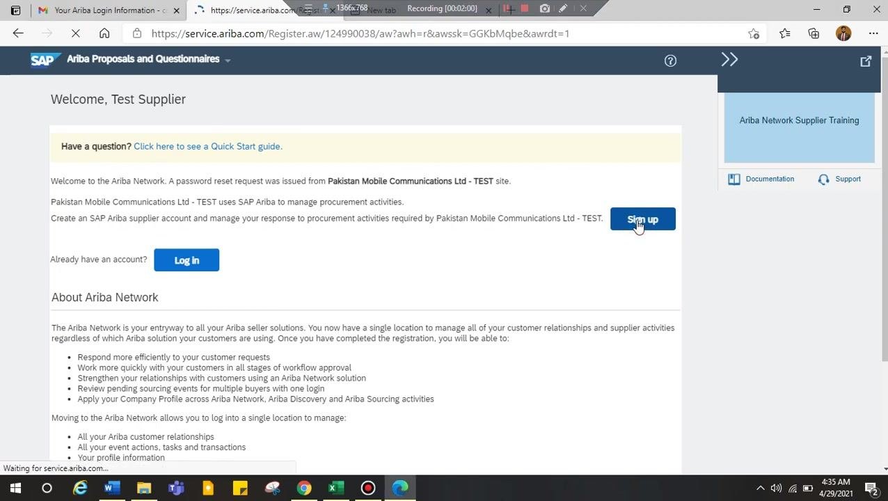 SAP Ariba registration form with fields for Name, Email, Username, Password, Repeat Password, and Language