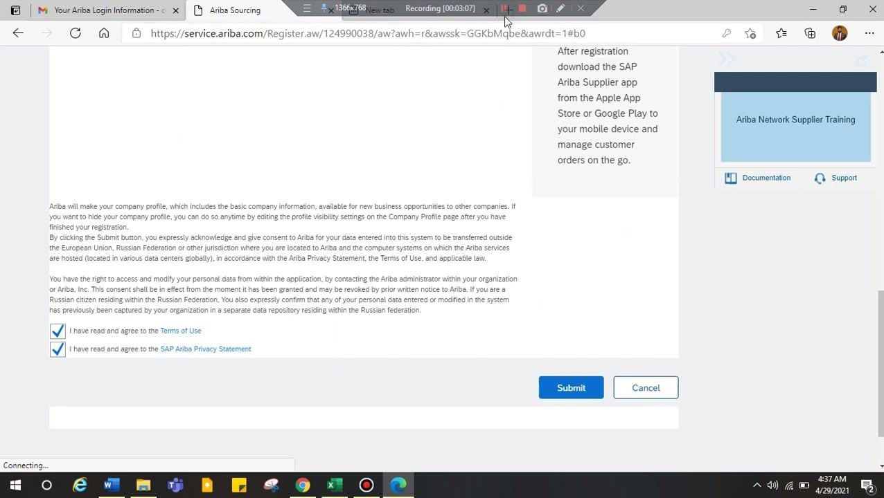 Checkboxes for agreeing to the Terms of Use and the SAP Ariba Privacy Statement at the bottom of the registration form