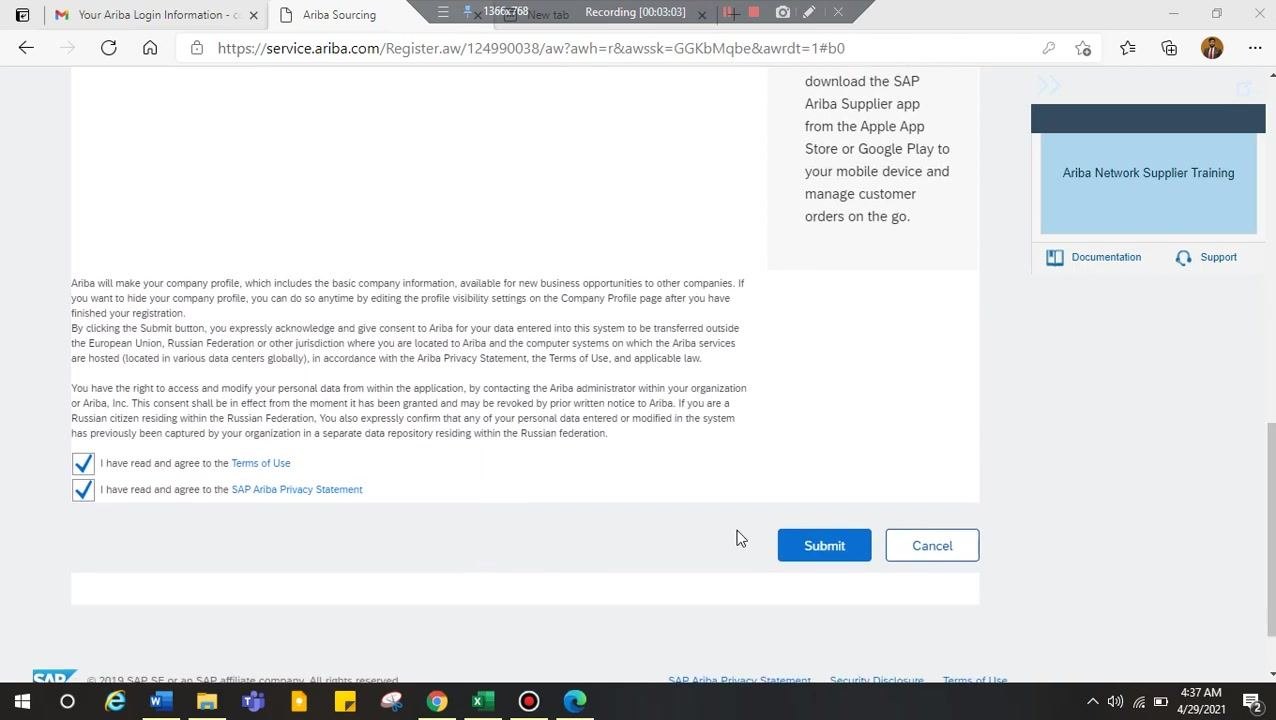 Both agreement checkboxes checked with the Submit button visible at the bottom of the registration form