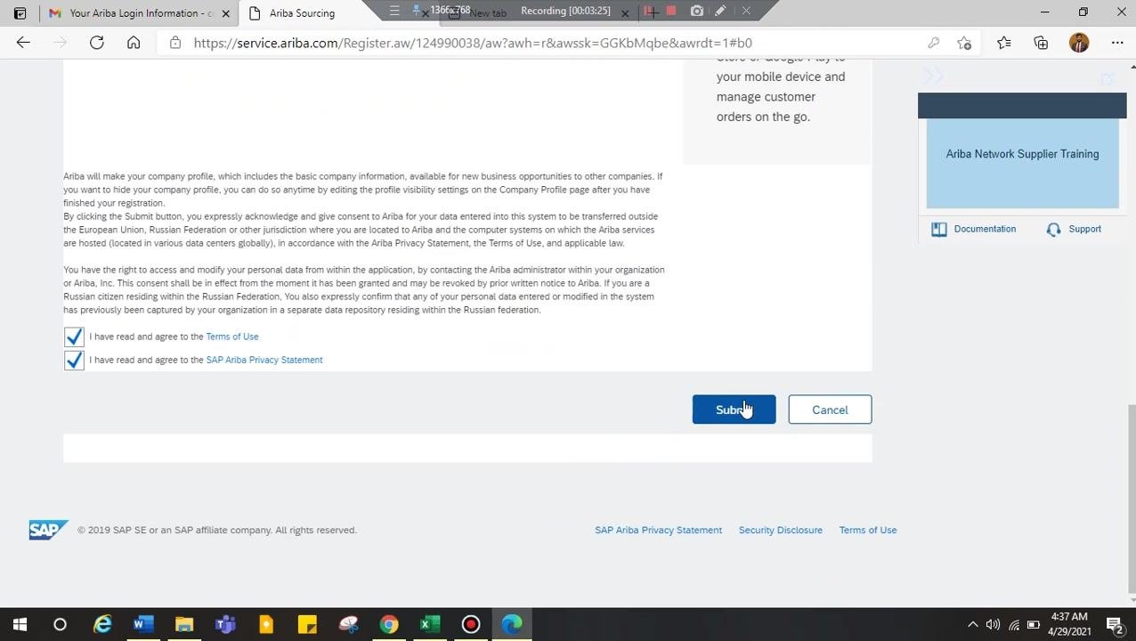 SAP Ariba registration form showing a "User already exists" error for the username field, along with Name, Email, Username, Password, and Language fields