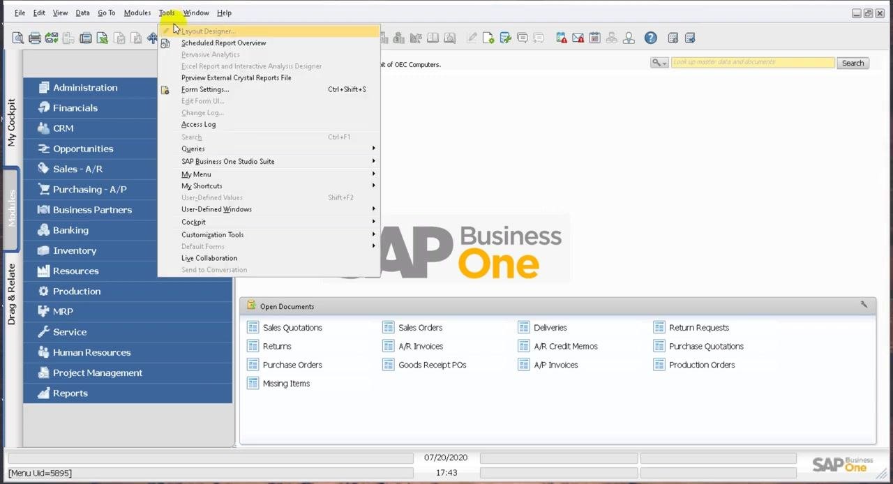 SAP Business One main cockpit screen with navigation menu and open documents panel