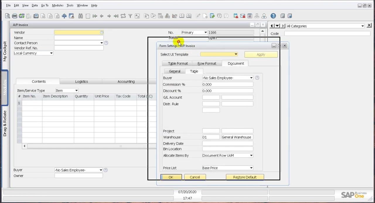 A/P Invoice screen with View menu open and Fit Column Width option highlighted
