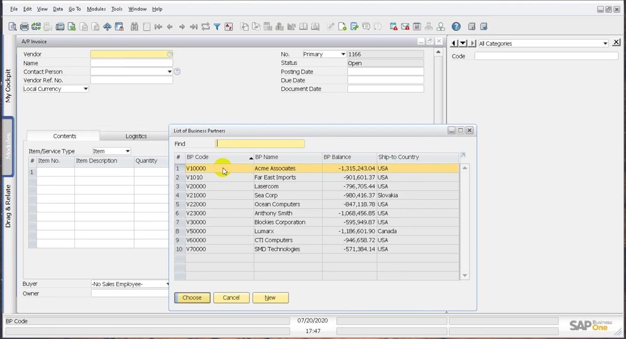 List of Business Partners dialog with 'V10000 - Acme Associates' selected