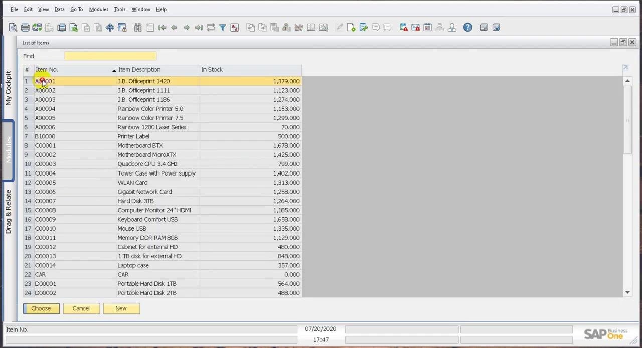 List of Items dialog with 'A00001 - J.B. Officeprint 1420' selected