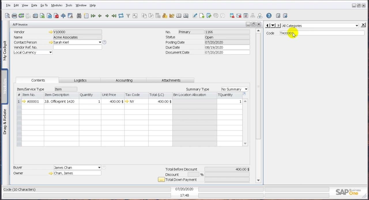 A/P Invoice screen showing TQuantity = 1 in the grid and Code = TA00001 in the right panel, with all transaction details visible