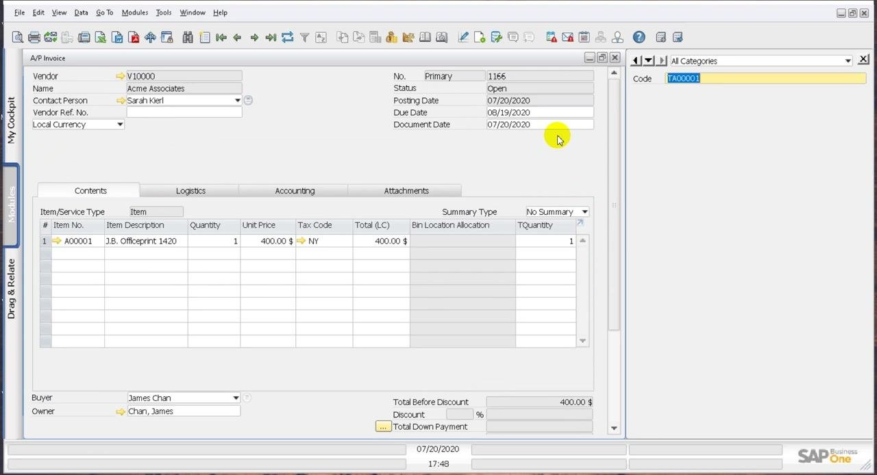 A/P Invoice screen focused on the Code UDF field, showing the value TA00001 entered and highlighted
