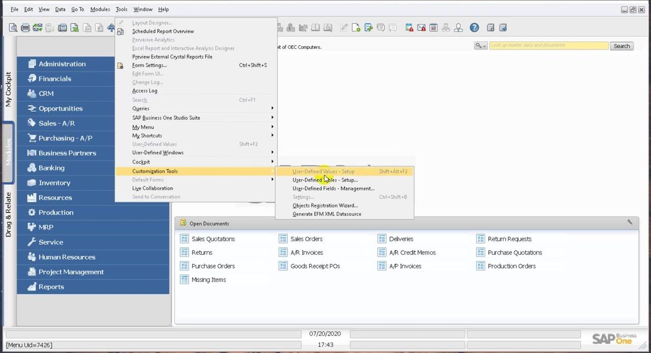 Tools menu opened in SAP Business One, showing options including Customization Tools