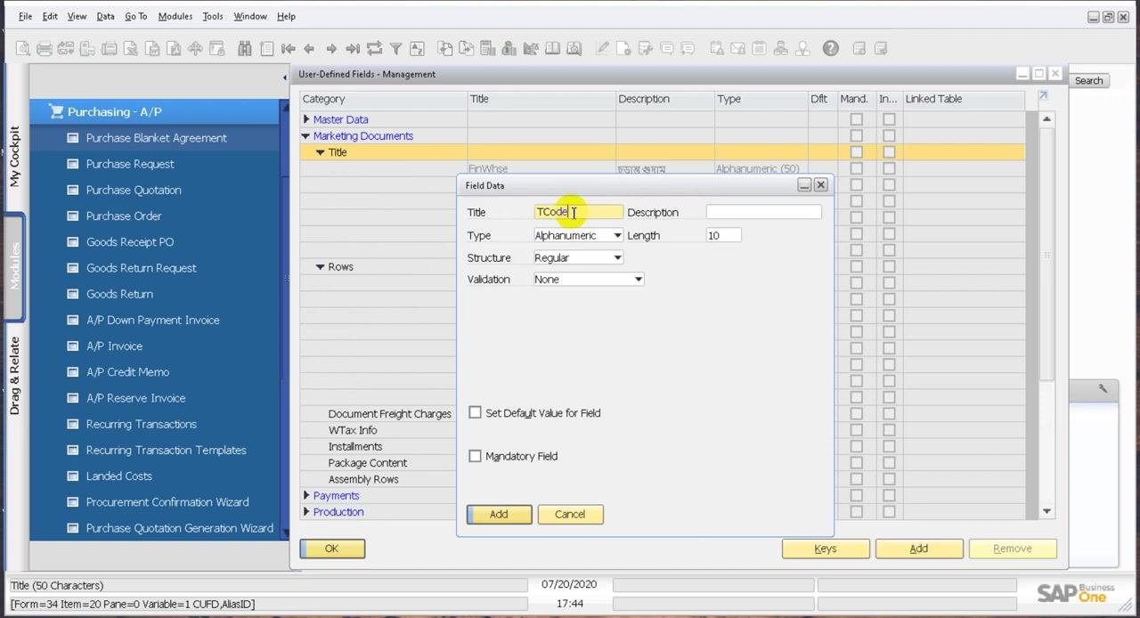 Field Data dialog for creating a UDF, with Title set to TCode, Type set to Alphanumeric, and no boxes checked