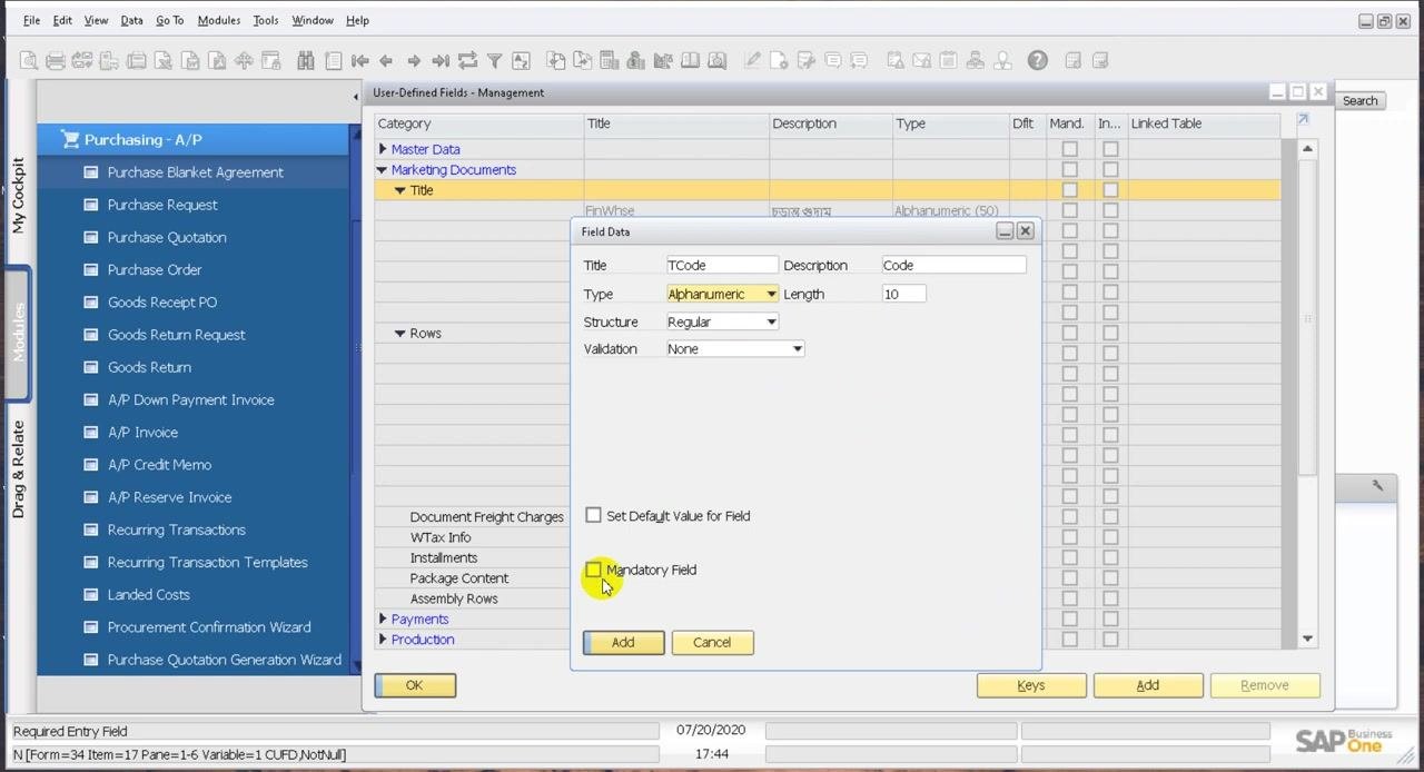 Field Data dialog with all options visible, ready to add the UDF
