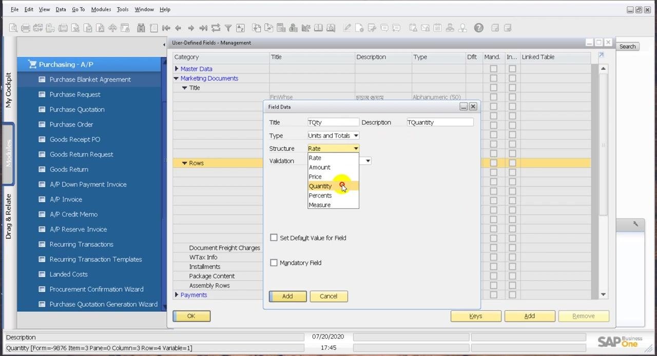 Field Data dialog for row-level UDF with Title 'TQty', Description 'TQuantity', Type 'Units and Totals', Structure 'Quantity'