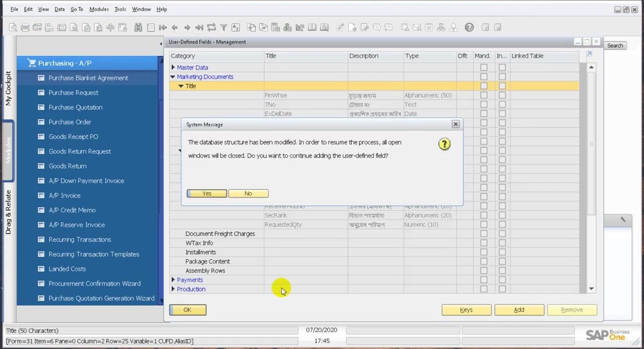 System Message dialog prompting to confirm database structure change