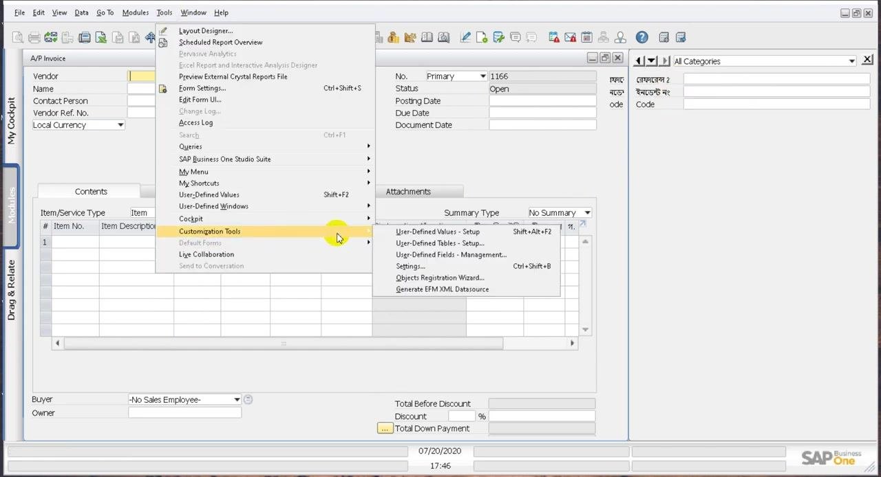 A/P Invoice screen showing UDF columns 'Code' and 'TQuantity' in the grid