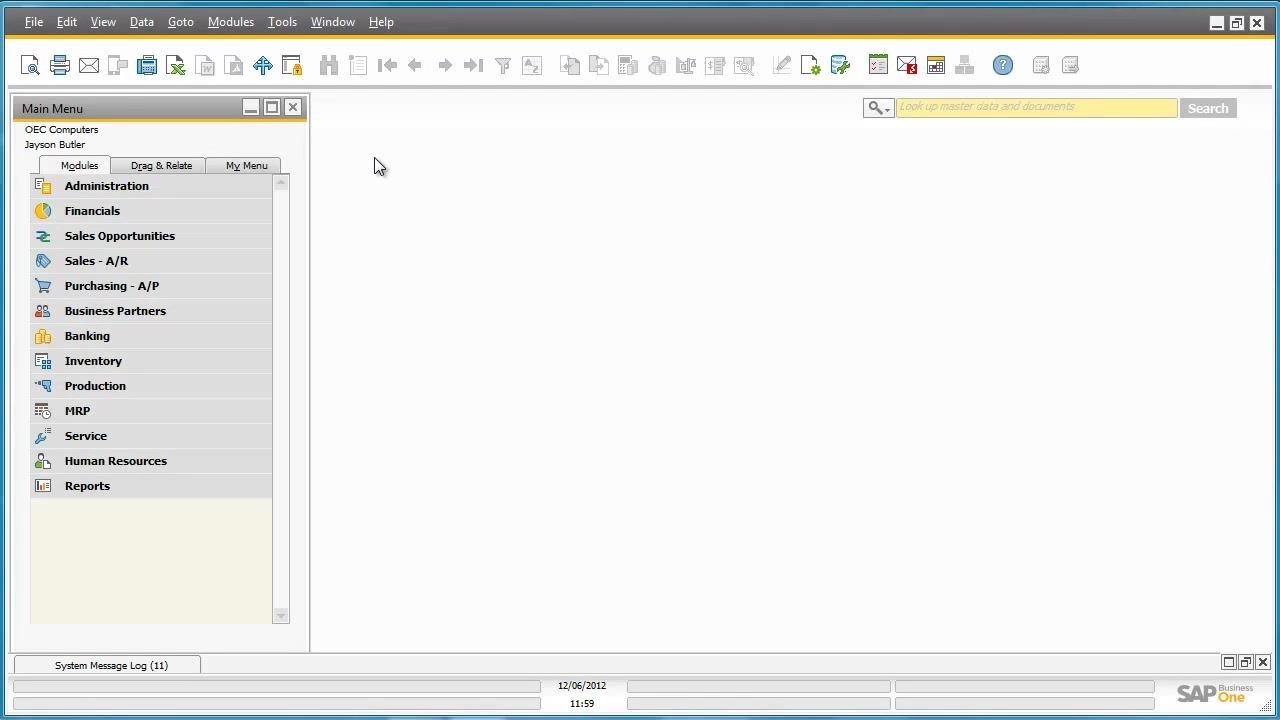 SAP Business One main menu with modules listed on the left and a blank workspace on the right